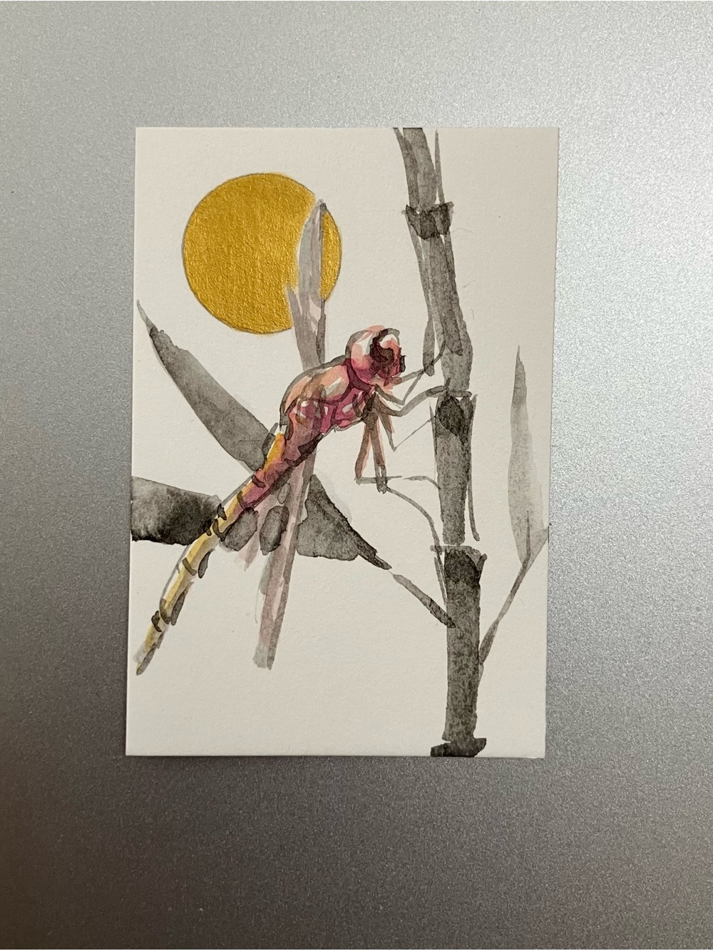 Original red dragonfly painting miniature realism art sumi-e style ink gift
